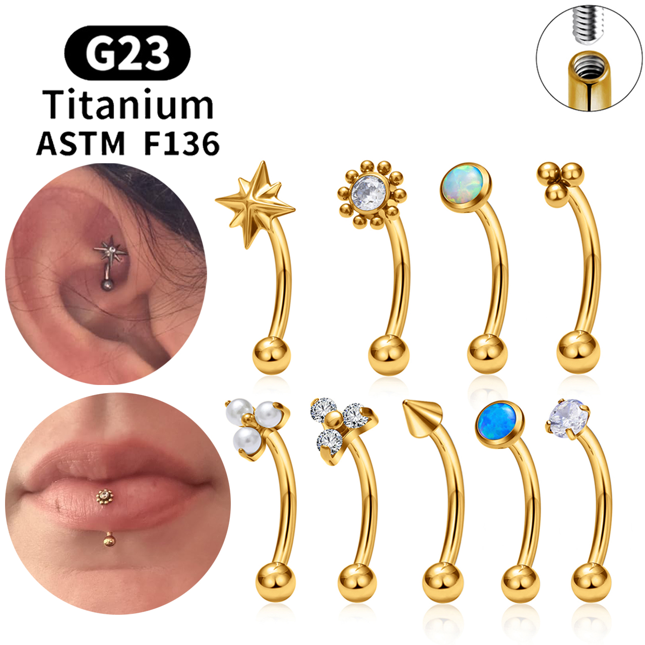 Eyebrow Curved Barbell - ASTM F136 Titanium Hexagram Rook Earring